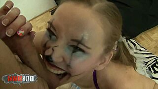 Norah Nova, a petite blonde, has a deepthroat cock-fucking scene with a clown.
