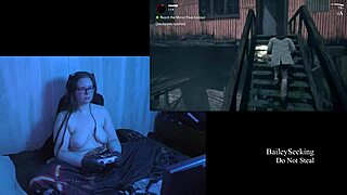Beautiful brunette gets naked and plays Alan Wake in a video game