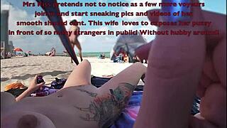 Married woman flaunts her shaved pussy at a nude beach