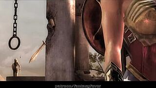 Wonder Woman and Ares in hardcore cartoon sex scene with big tits and big cock
