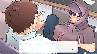 Tsundere milf in hentai game gives sneaky titjob under desk
