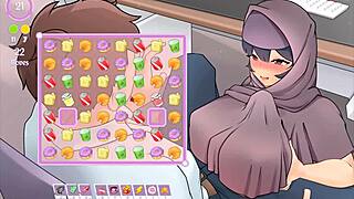 Tsundere milf in hentai game gives sneaky titjob under desk