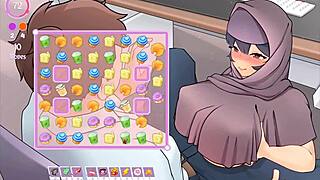 Tsundere milf in hentai game gives sneaky titjob under desk